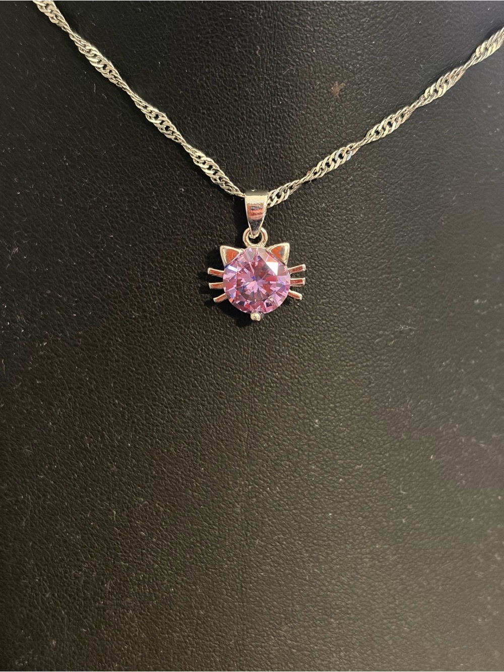 Silver Cat Face Necklace with Pink Crystal Pendant